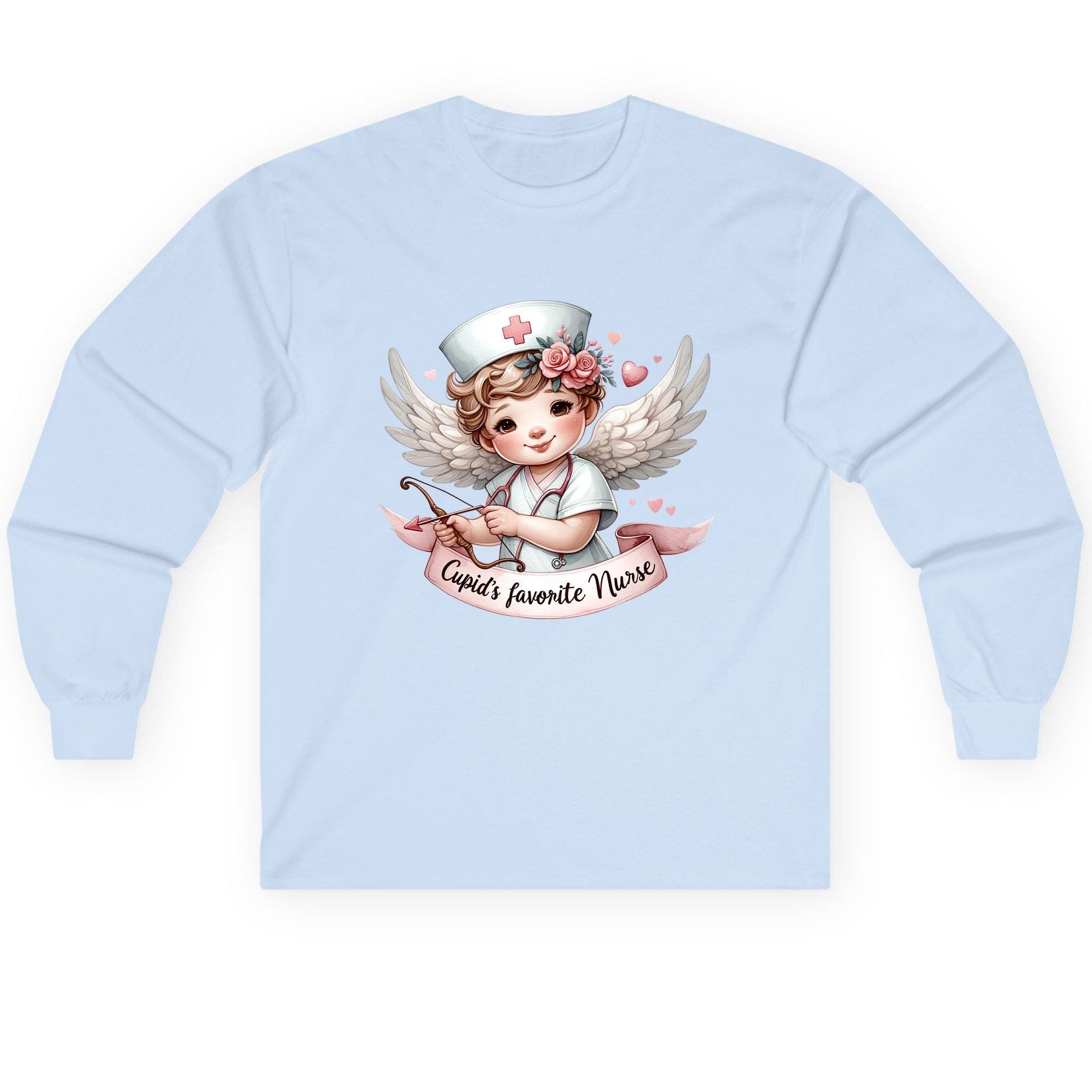 Cupid's Favorite Nurse cupid nurse Long Sleeve Tee Light Blue product mockup