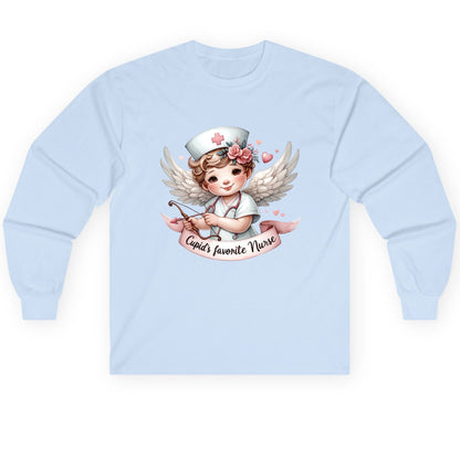 Cupid's Favorite Nurse cupid nurse Long Sleeve Tee Light Blue product mockup