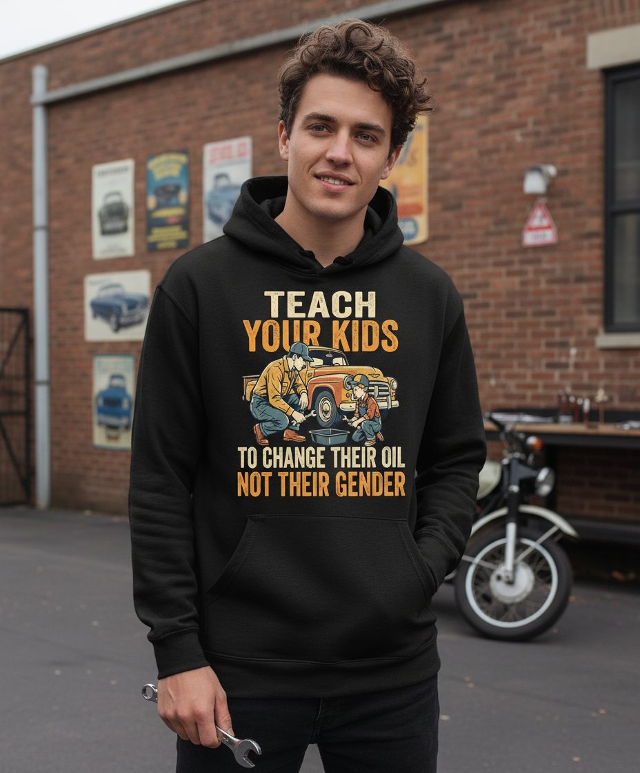 Teach Your Kids to Change Their Oil Not Their Gender father and son car repair Hoodie Black lifestyle mockup
