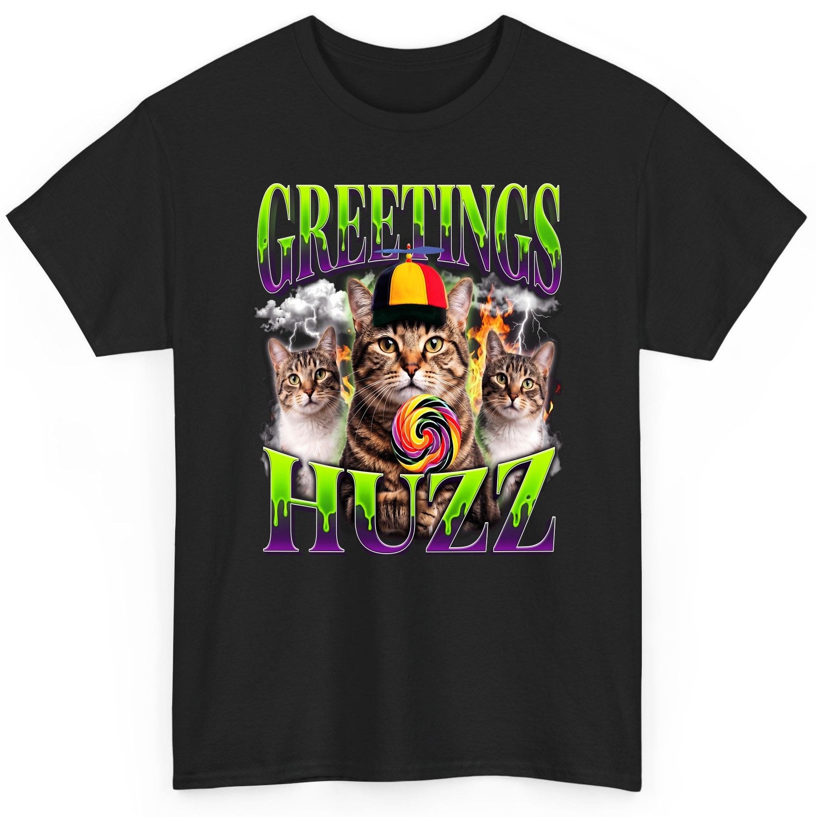 Greetings HUZZ Funny Cat T-Shirt - product mockup - Black