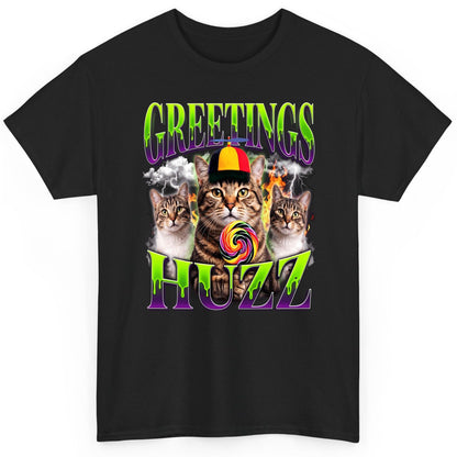 Greetings HUZZ Funny Cat T-Shirt - product mockup - Black