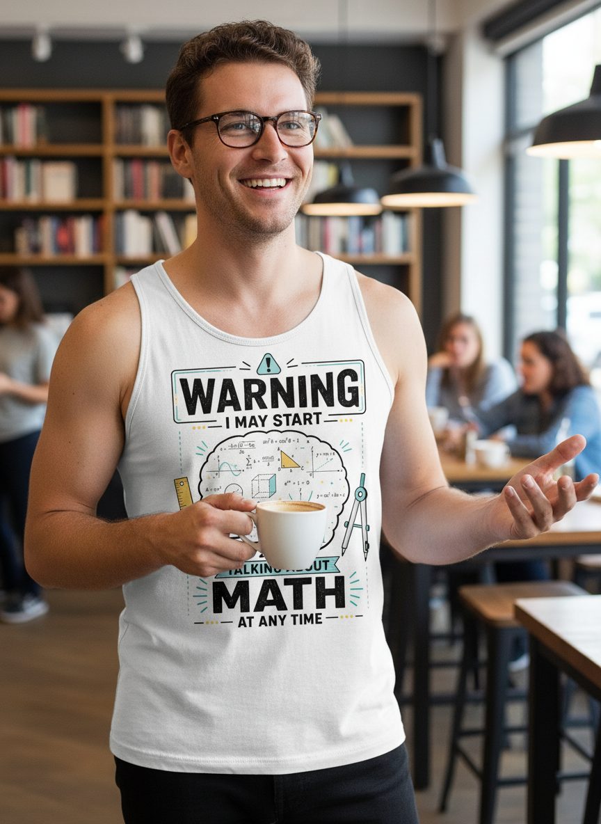 Warning I May Start Talking About Math at Any Time Funny Teachers Tank Top - lifestyle model mockup - White