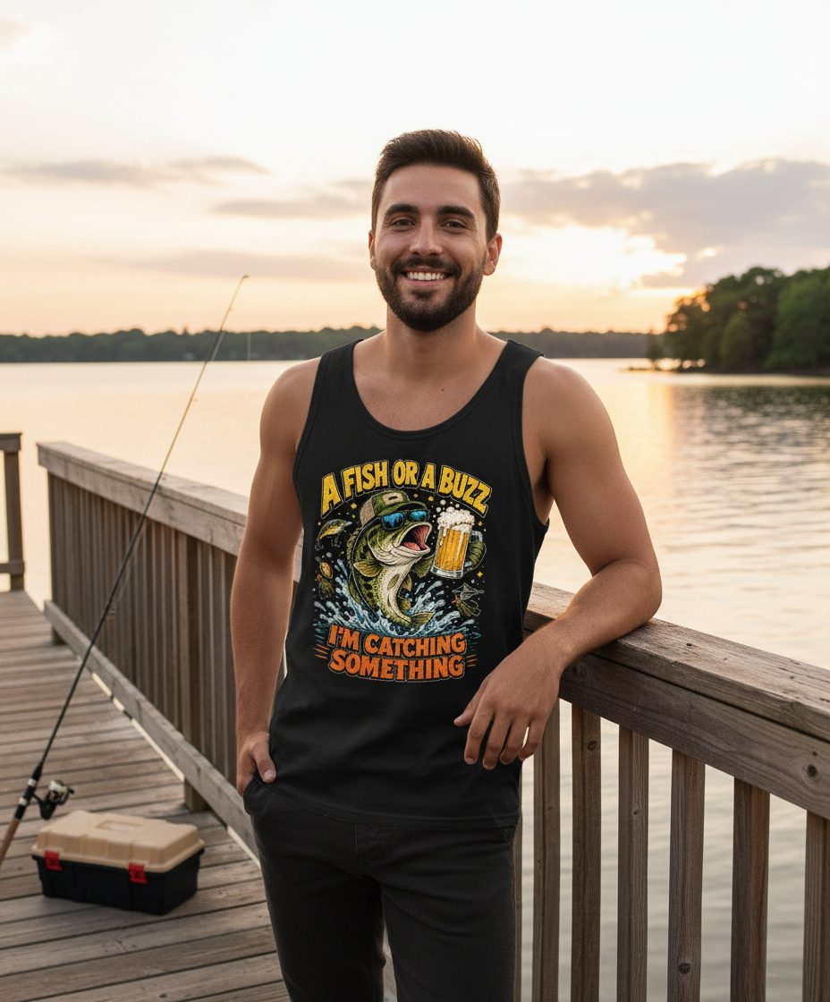 A Fish or a Buzz I'm Catching Something Funny Fishing Tank Top - lifestyle model mockup - Black