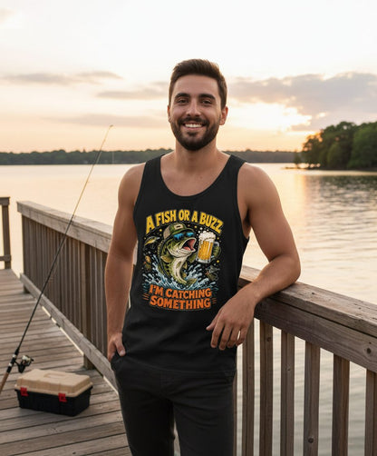 A Fish or a Buzz I'm Catching Something Funny Fishing Tank Top - lifestyle model mockup - Black