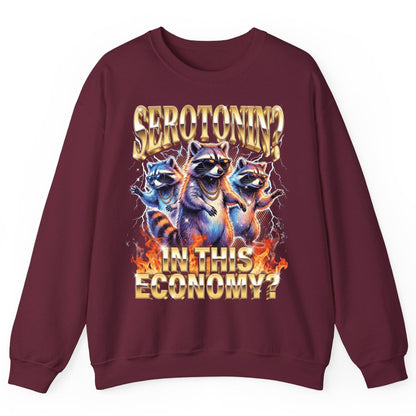 Serotonin in This Economy? raccoon Sweatshirt Maroon product mockup