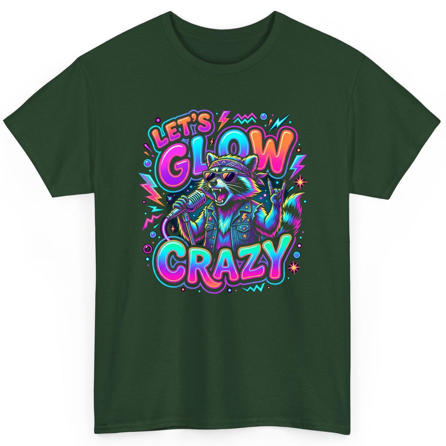 Let's Glow Crazy Funny Rockstar Raccoon T-Shirt - product mockup - Forest Green