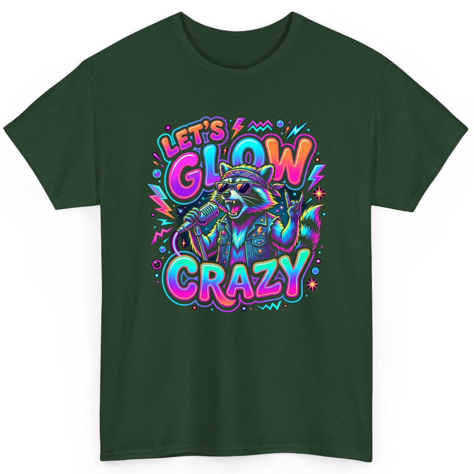 Let's Glow Crazy Funny Rockstar Raccoon T-Shirt - product mockup - Forest Green