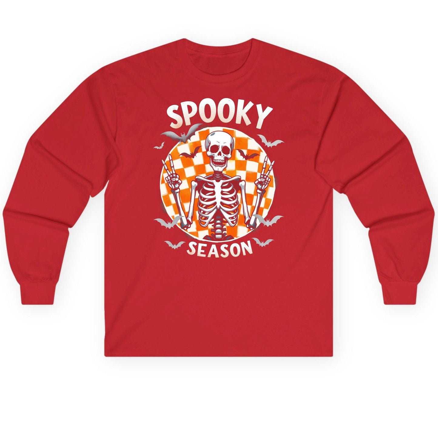 Spooky Season Halloween skeleton Long Sleeve Tee Red product mockup