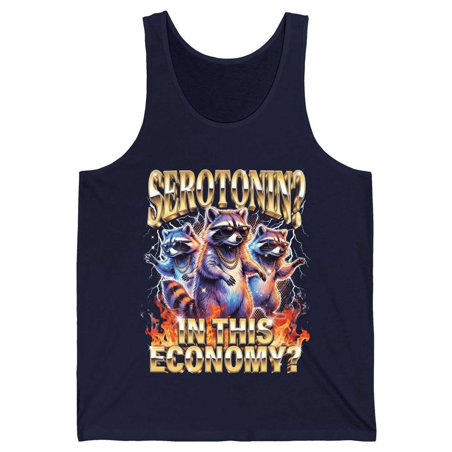 Serotonin in This Economy? raccoon Tank Top Navy product mockup