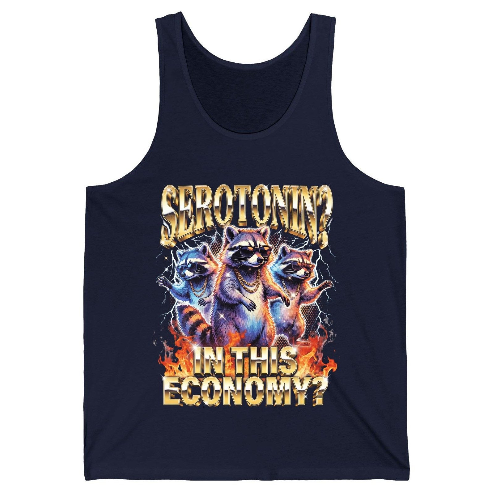 Serotonin in This Economy? raccoon Tank Top Navy product mockup