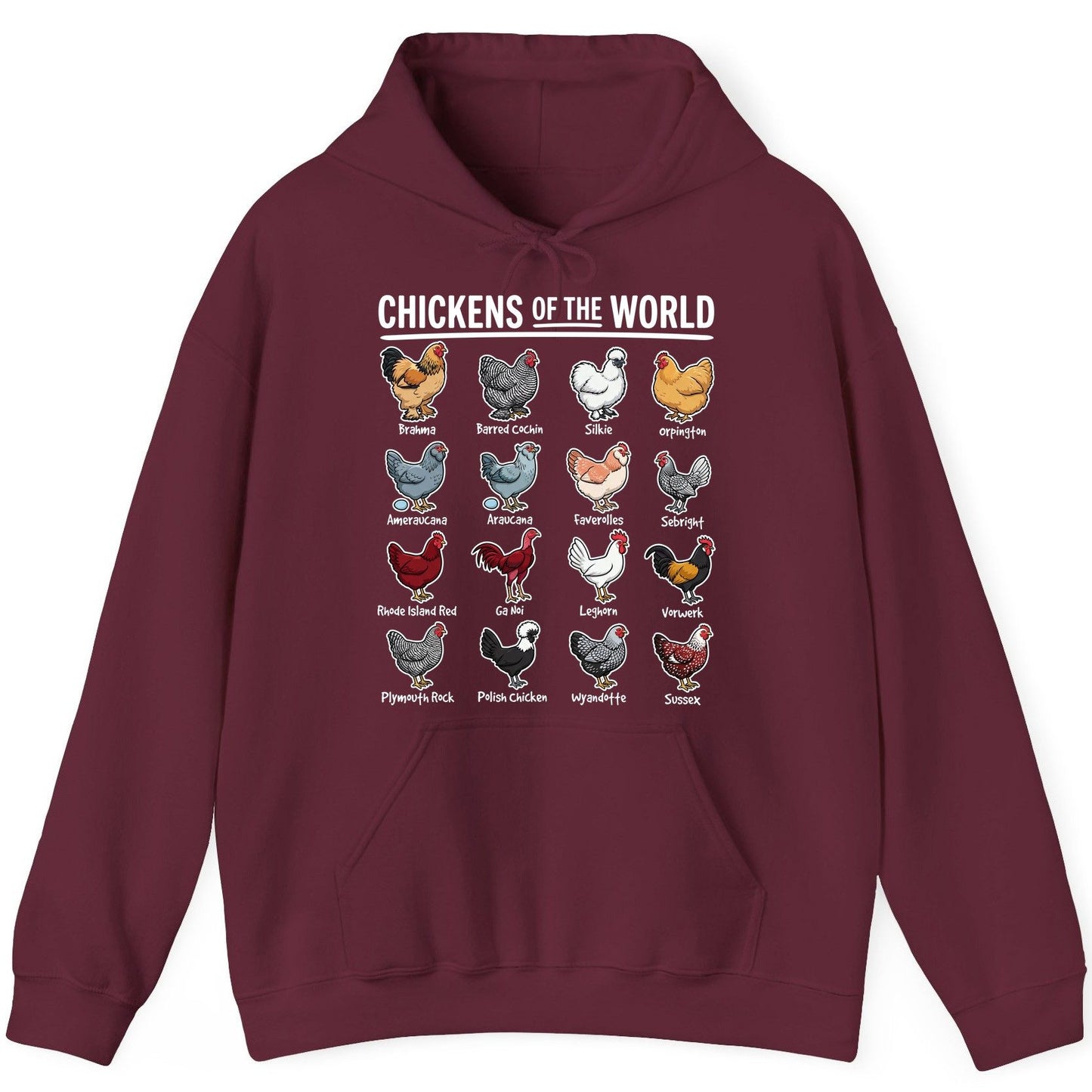 Chickens of the World chicken breeds Hoodie Maroon product mockup