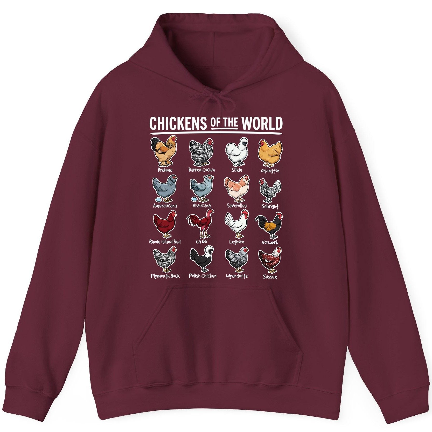 Chickens of the World chicken breeds Hoodie Maroon product mockup