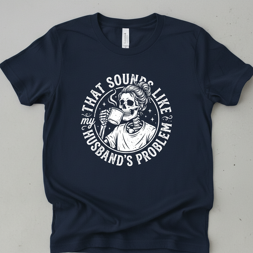 Skeleton Wife Drinking Coffee 'Husband's Problem' Design T-Shirt - Navy
