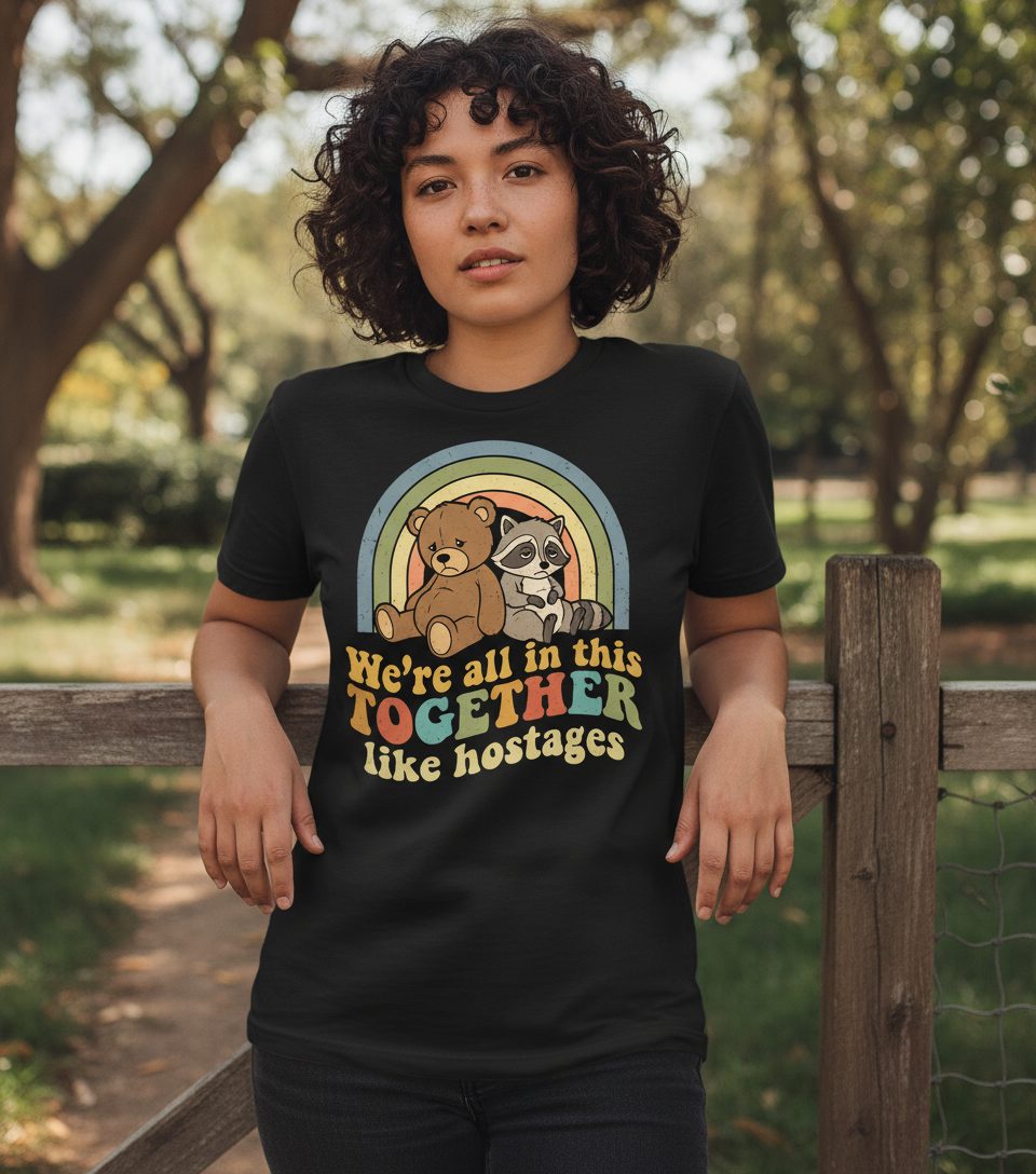 We're All in This Together Like Hostages sarcastic humor T-Shirt Black lifestyle mockup
