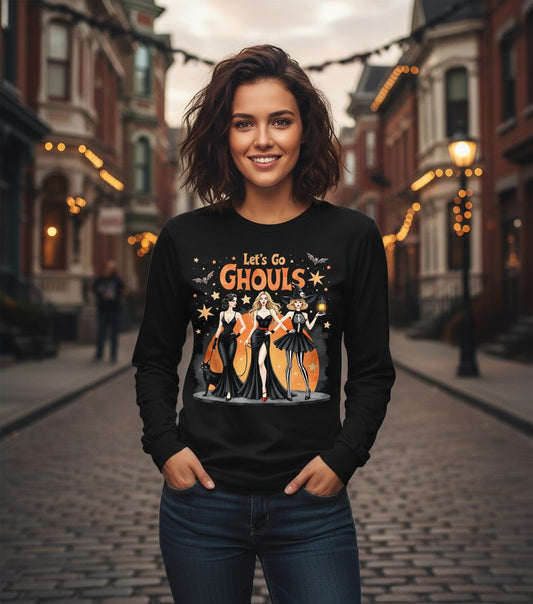 Let's Go Ghouls Halloween women Long Sleeve Tee Black lifestyle mockup