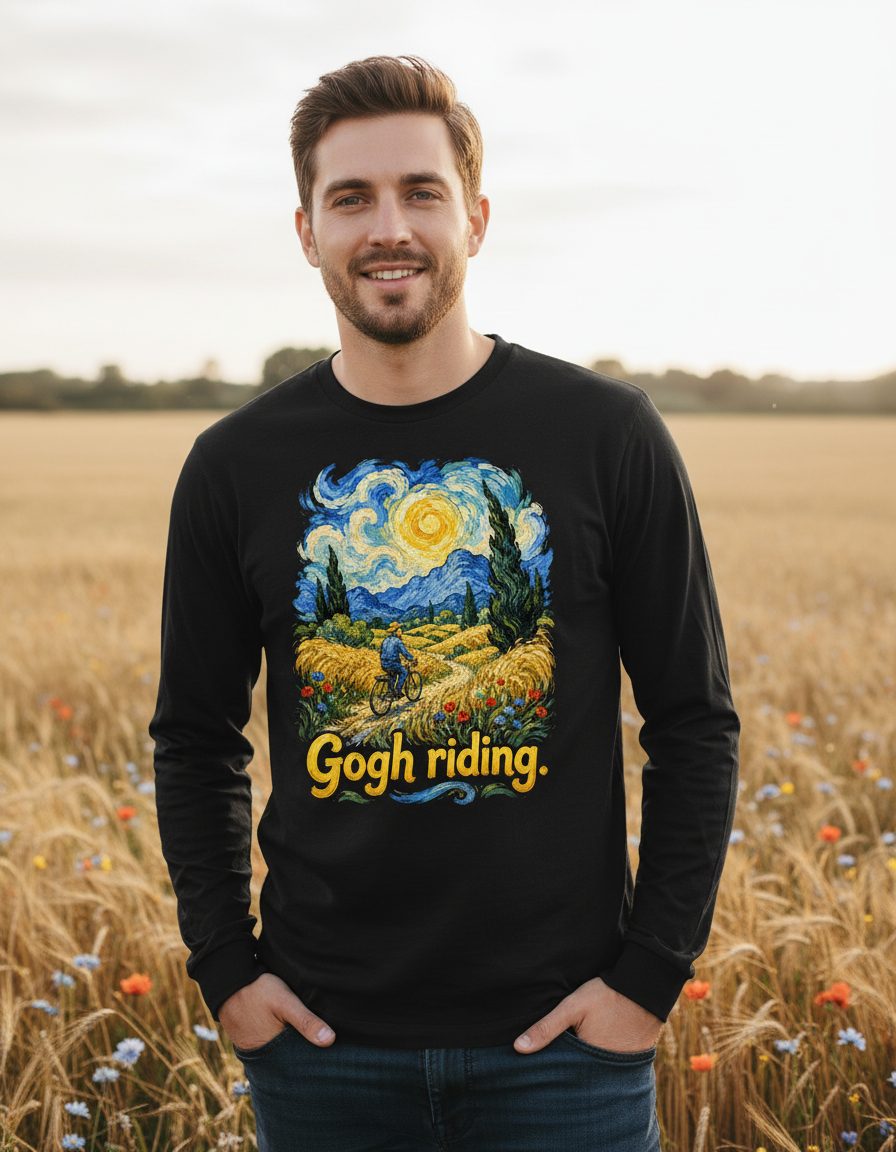 Gogh Riding van gogh art parody Long Sleeve Tee Black lifestyle mockup