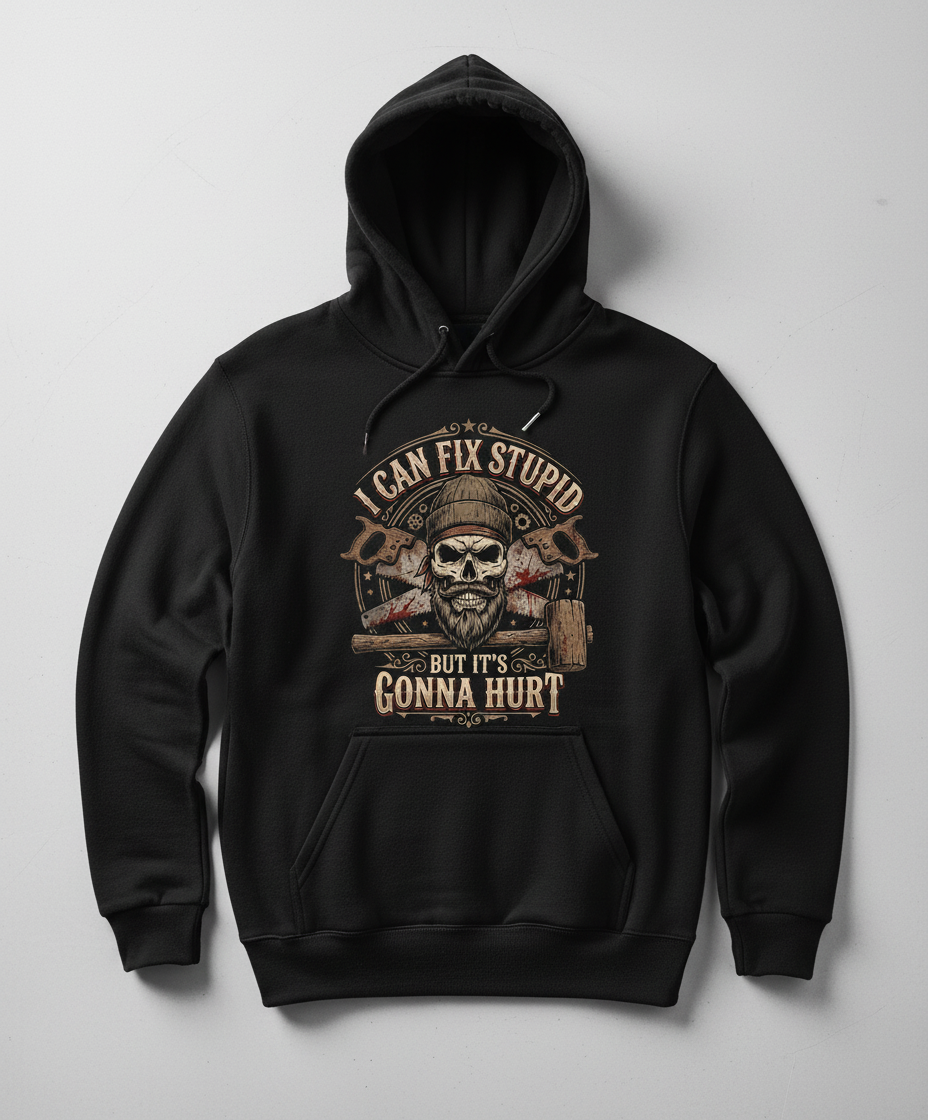 I Can Fix Stupid But It's Gonna Hurt Skull and Saws Hoodie - Black
