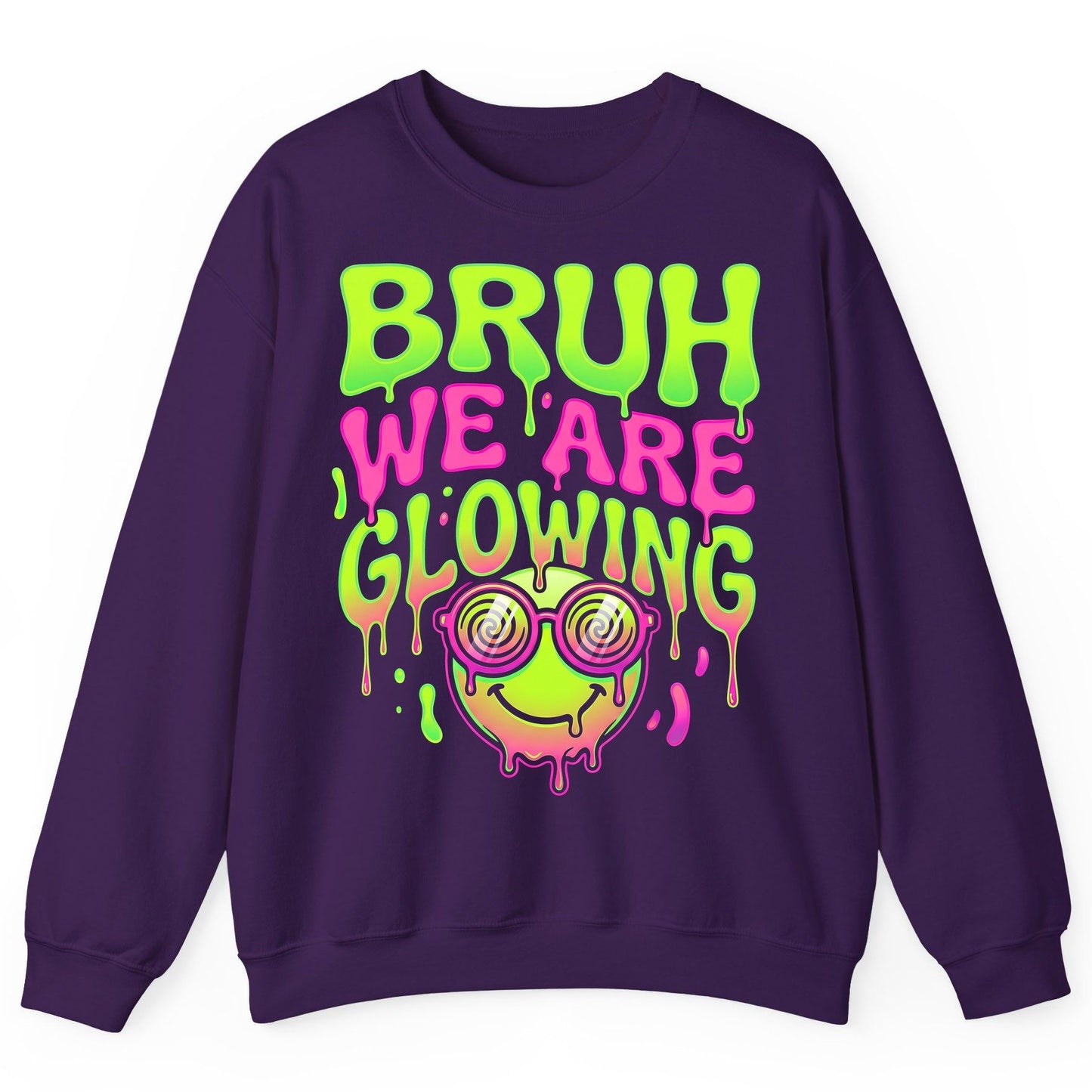 Bruh We Are Glowing rave culture Sweatshirt Purple product mockup