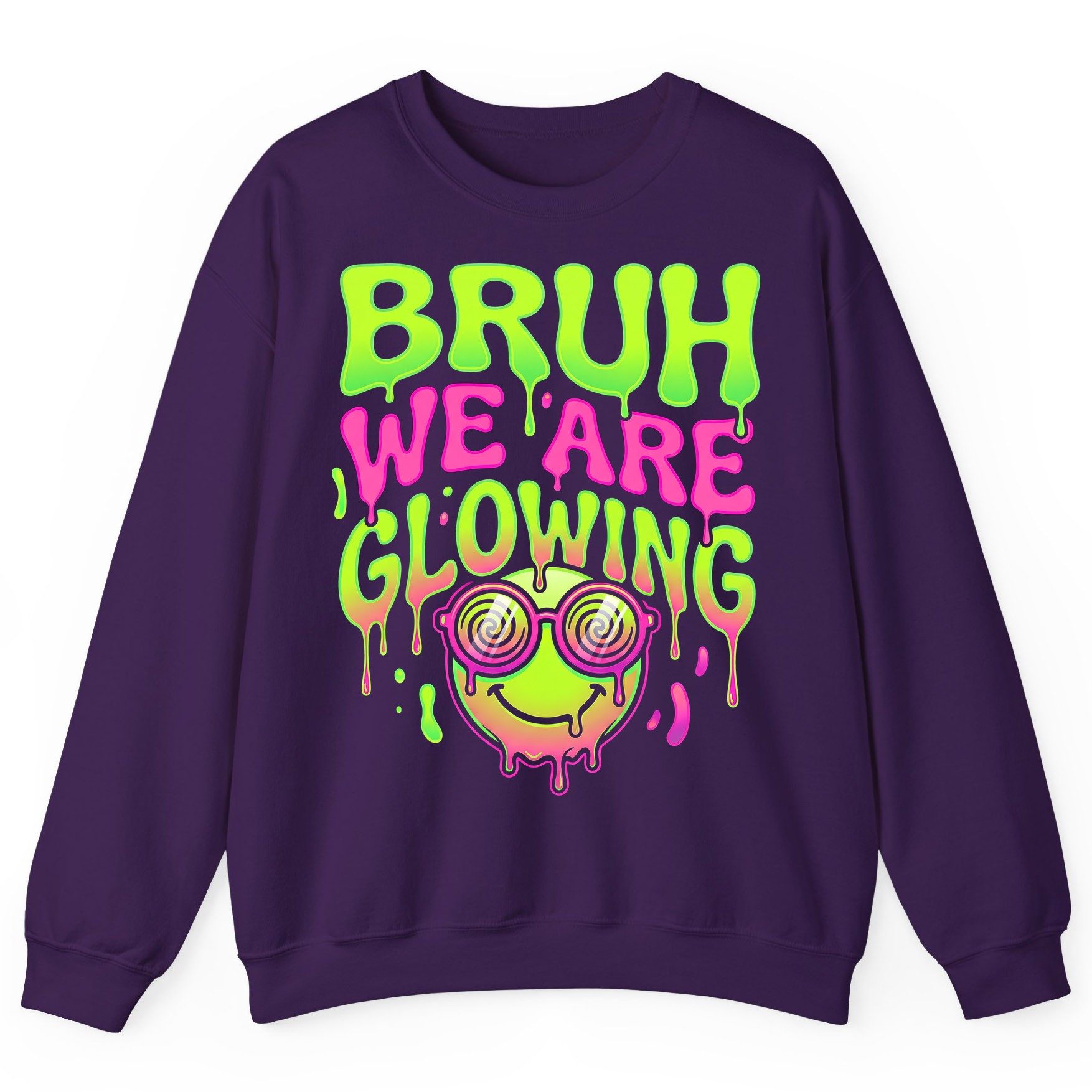 Bruh We Are Glowing rave culture Sweatshirt Purple product mockup
