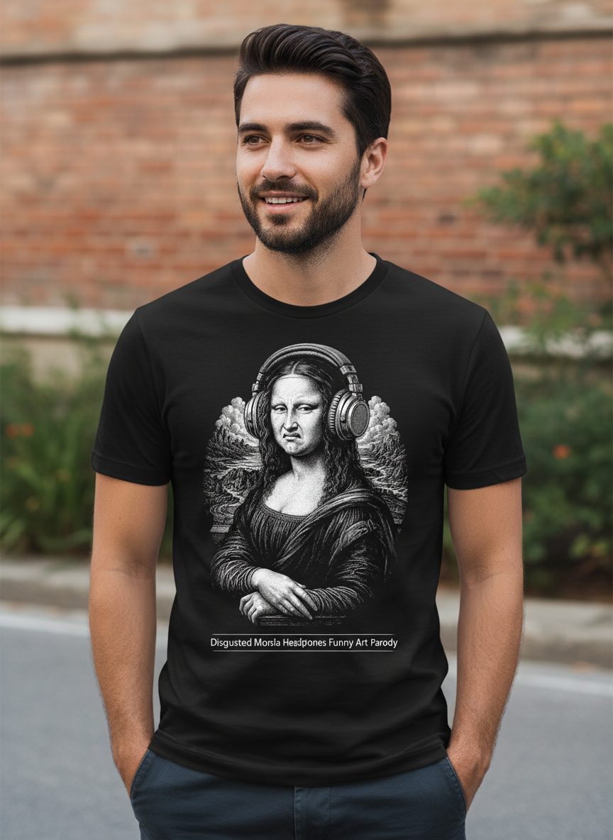 Disgusted Mona Lisa Headphones Funny Art Parody T-Shirt - lifestyle model mockup - Black