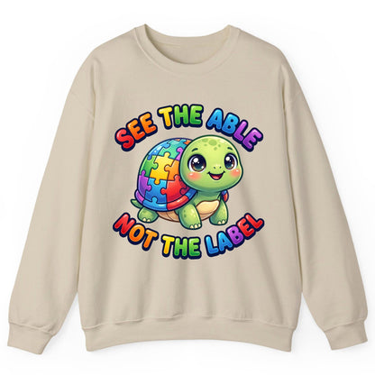 SEE THE ABLE NOT THE LABEL Autism Awareness Sweatshirt - product mockup - Sand