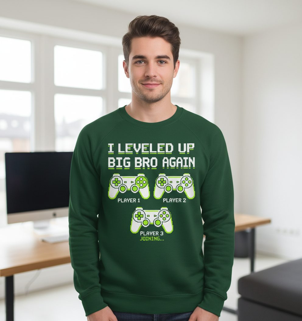 I Leveled UP BIG BRO AGAIN Retro Brother Announcement Sweatshirt - product mockup - Forest Green