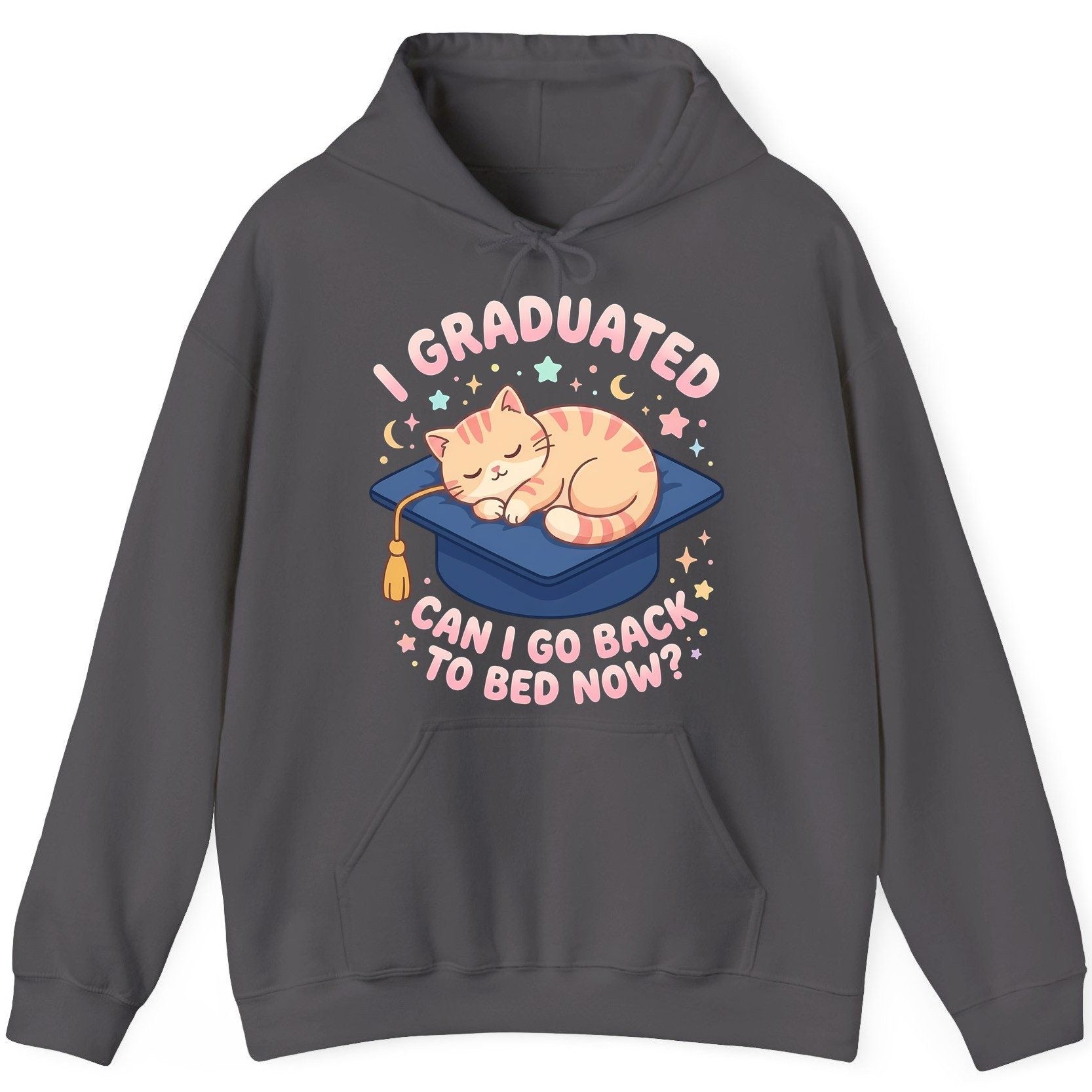 I Graduated CAN I GO BACK TO BED NOW Funny Graduation Cat Hoodie - product mockup - Charcoal
