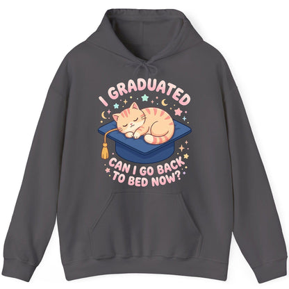 I Graduated CAN I GO BACK TO BED NOW Funny Graduation Cat Hoodie - product mockup - Charcoal