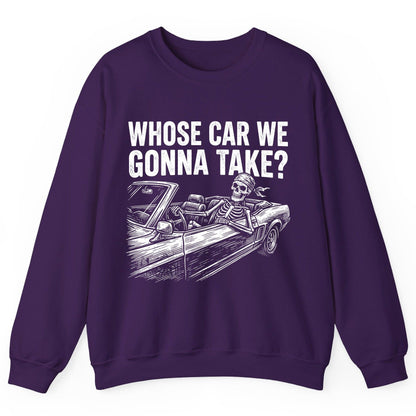 Whose Car We Gonna Take? skeletons in a car Sweatshirt Purple product mockup