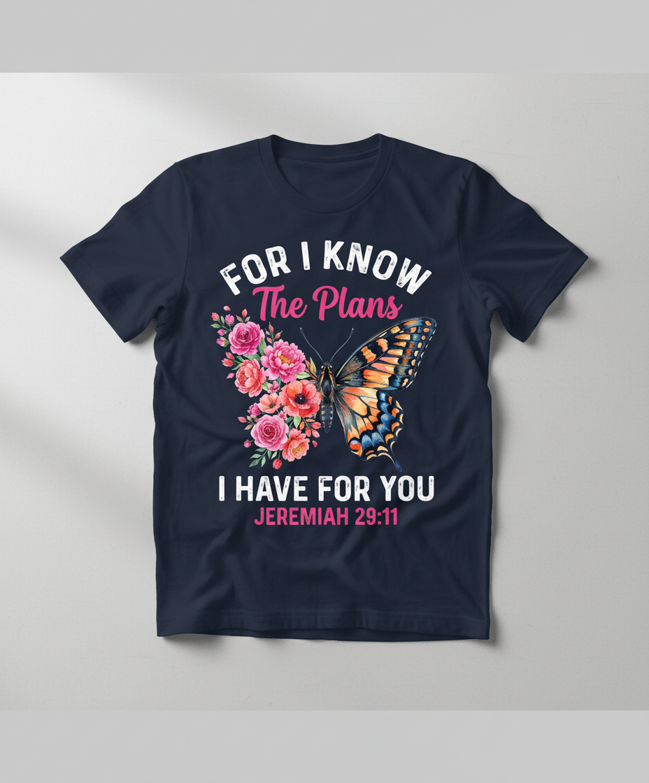 Jeremiah 29:11 Butterfly Floral Christian Verse T-Shirt - Navy