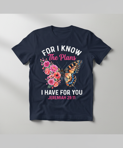 Jeremiah 29:11 Butterfly Floral Christian Verse T-Shirt - Navy