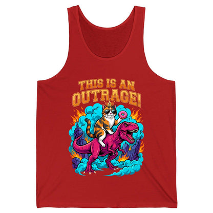 THIS IS AN OUTRAGE! Cat riding a T-Rex Tank Top Red product mockup