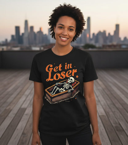Get in Loser skeleton in coffin T-Shirt Black lifestyle mockup