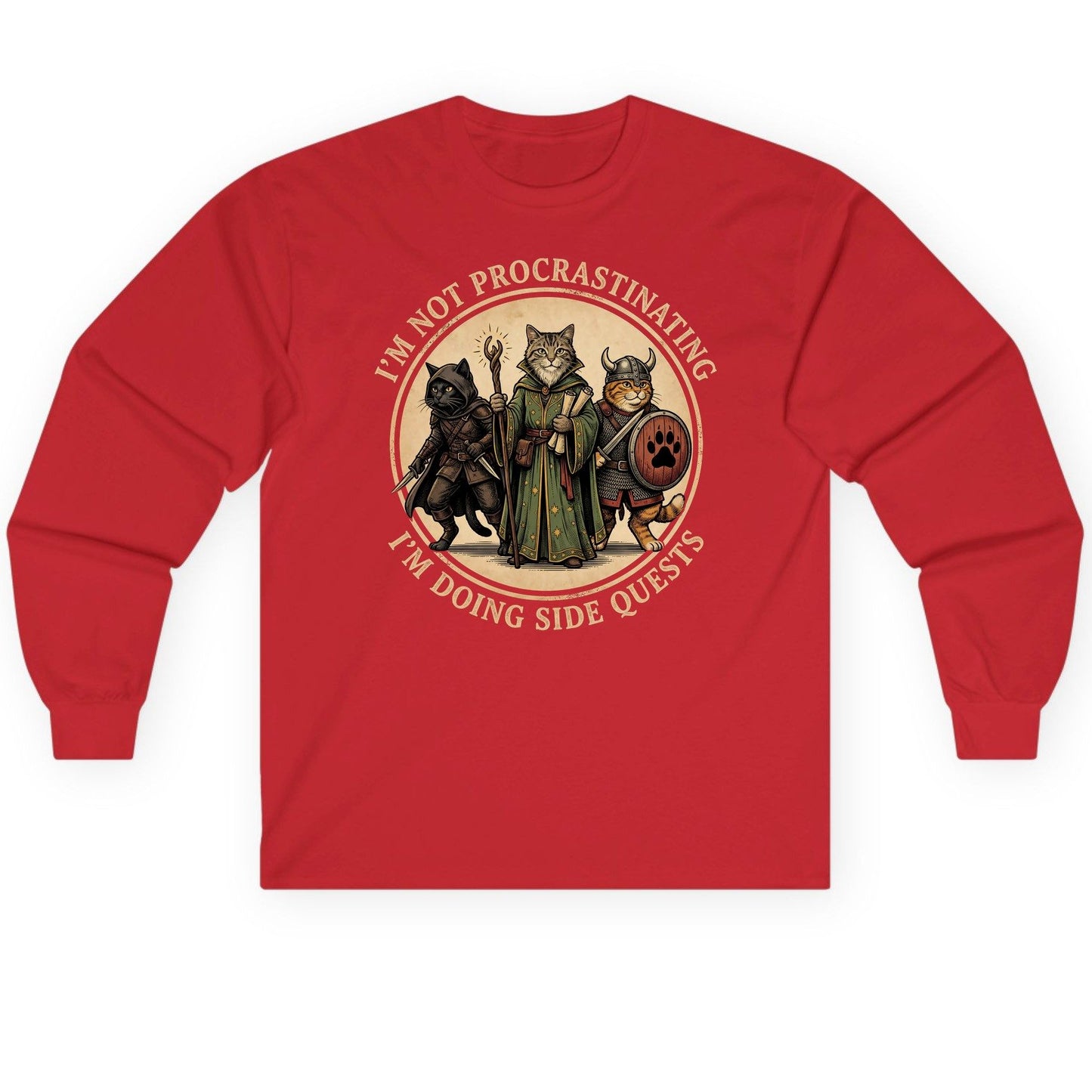 I'm Not Procrastinating I'm Doing Side Quests rpg cats Long Sleeve Tee Red product mockup