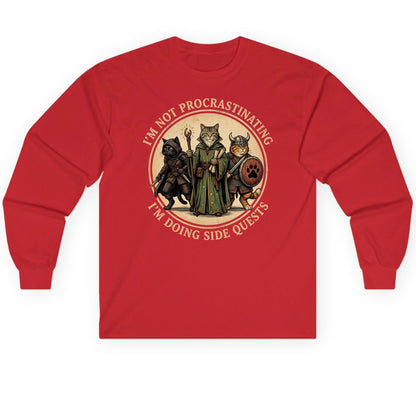 I'm Not Procrastinating I'm Doing Side Quests rpg cats Long Sleeve Tee Red product mockup