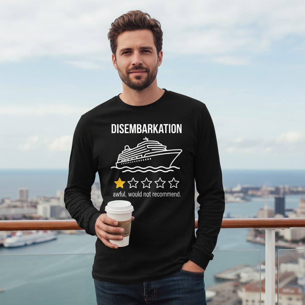 Disembarkation Awful, Would Not Recommend cruise ship humor Long Sleeve Tee Black lifestyle mockup