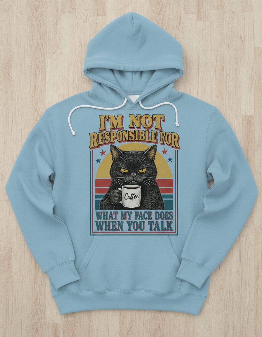 I'm Not Responsible for What My Face Does When You Talk Funny Sarcastic Cat Hoodie - product mockup - Light Blue
