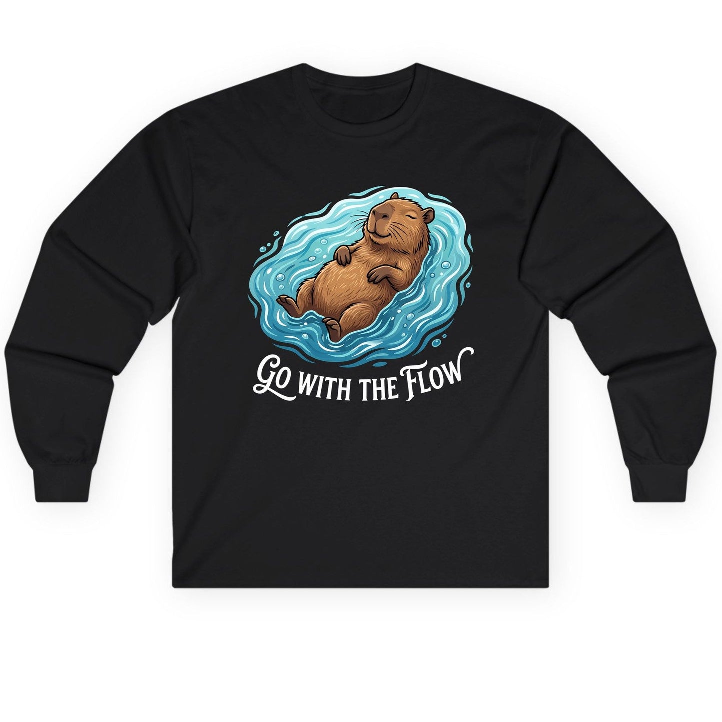 Go WITH THE Flow Funny Capybara Long Sleeve Tee - product mockup - Black