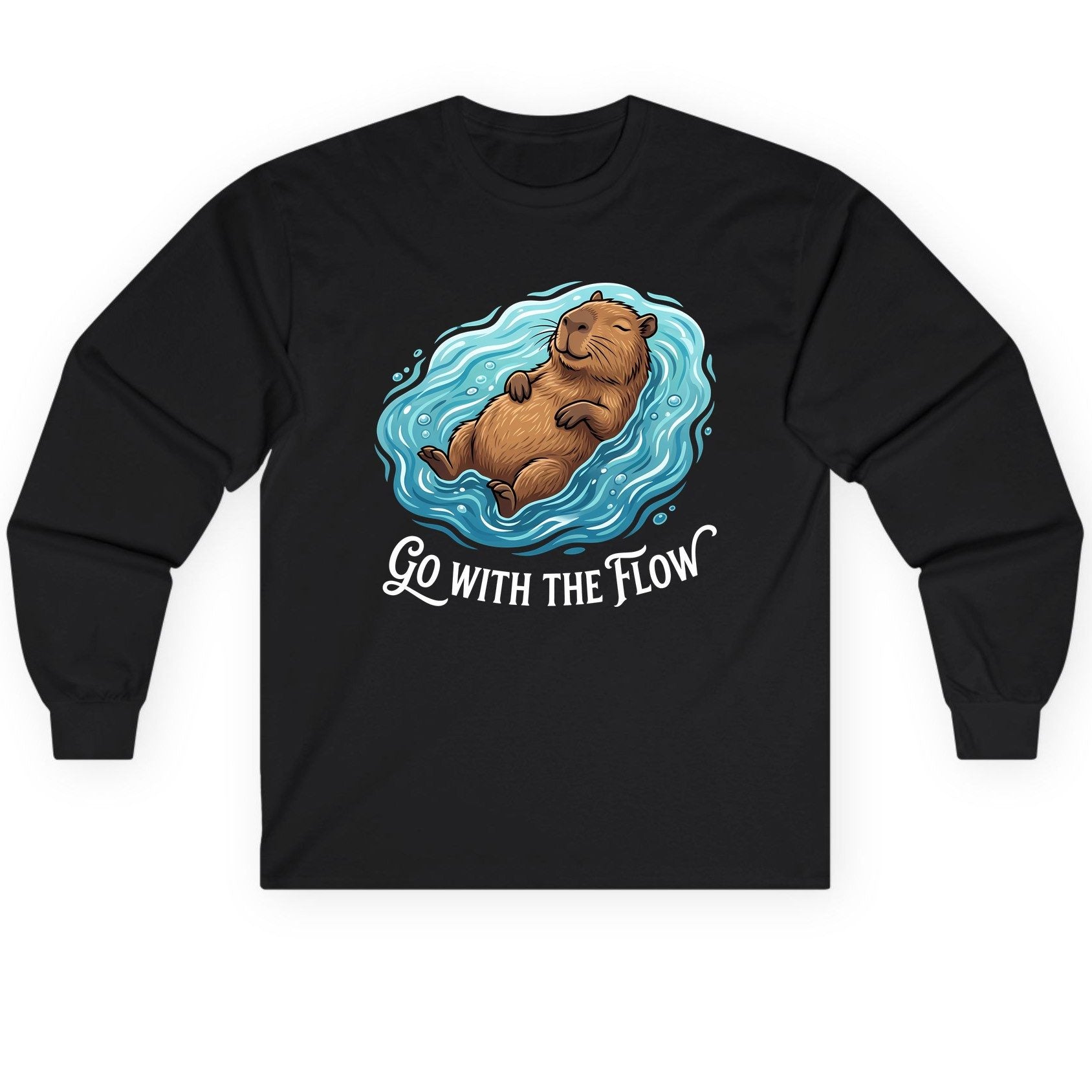 Go WITH THE Flow Funny Capybara Long Sleeve Tee - product mockup - Black