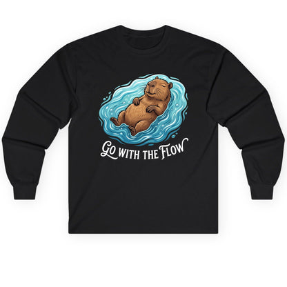 Go WITH THE Flow Funny Capybara Long Sleeve Tee - product mockup - Black