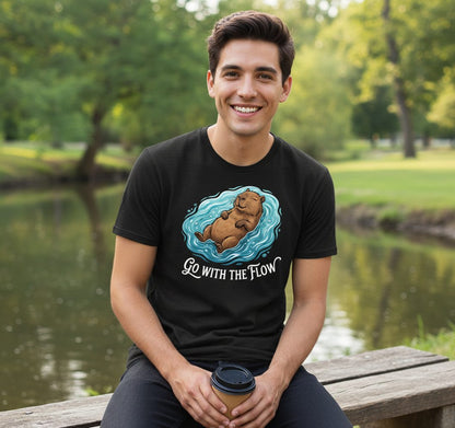 Go WITH THE Flow Funny Capybara T-Shirt - lifestyle model mockup - Black