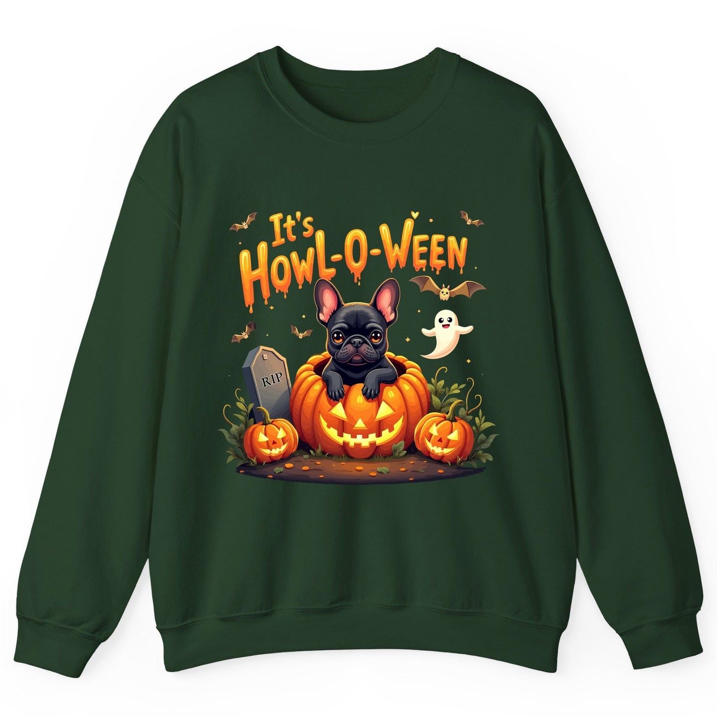 It's Howl-O-Ween french bulldog Sweatshirt Forest Green product mockup