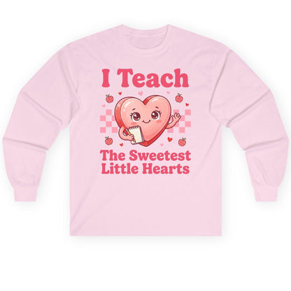 I Teach the Sweetest Little Hearts teacher Long Sleeve Tee Light Pink product mockup