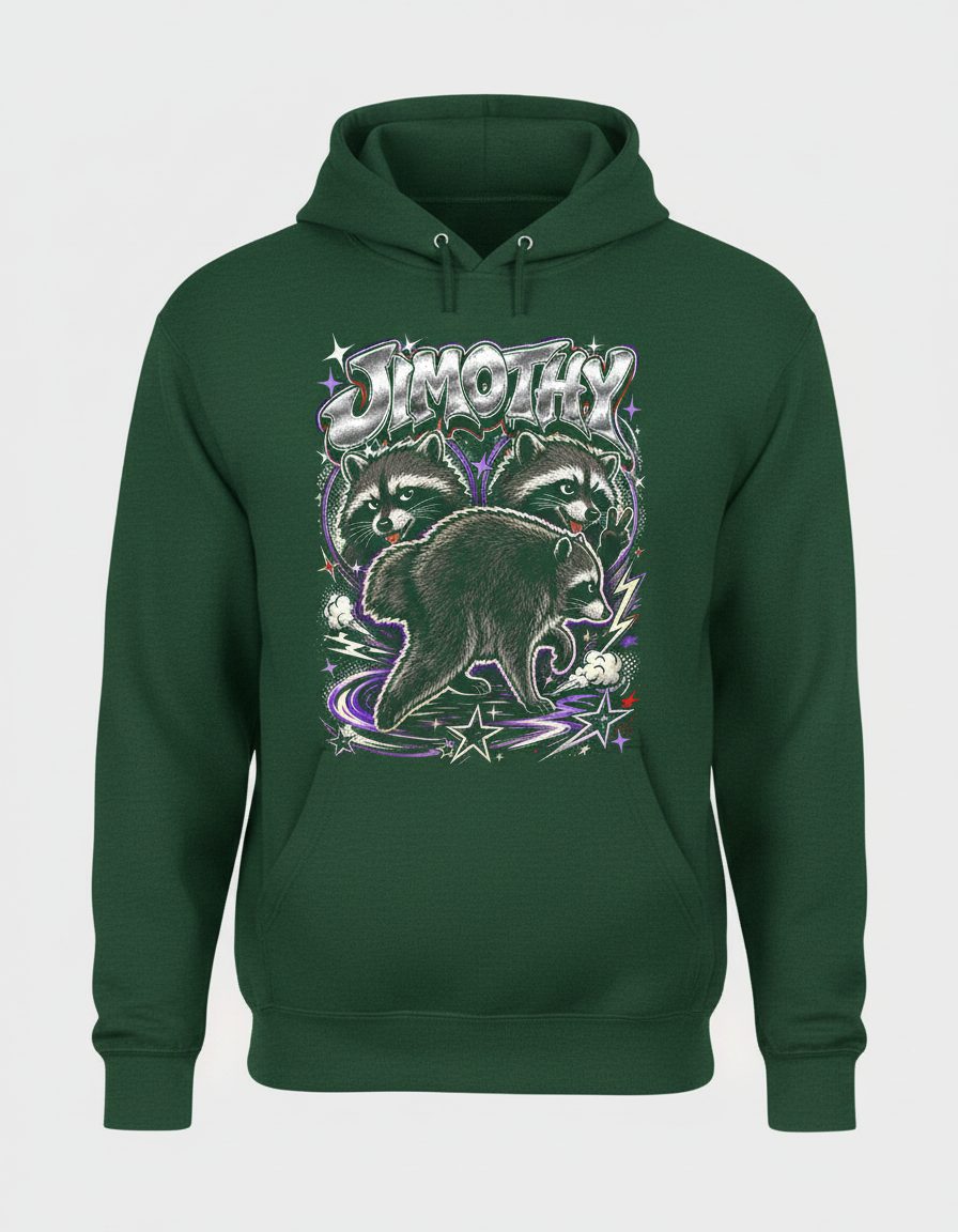 Jimothy Funny Raccoon Hoodie - product mockup - Forest Green