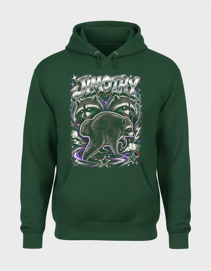 Jimothy Funny Raccoon Hoodie - product mockup - Forest Green