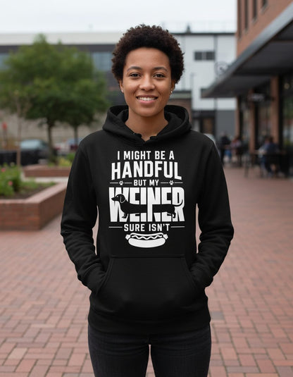 I Might Be a Handful but My Weiner Sure Isn't dachshund Hoodie Black lifestyle mockup