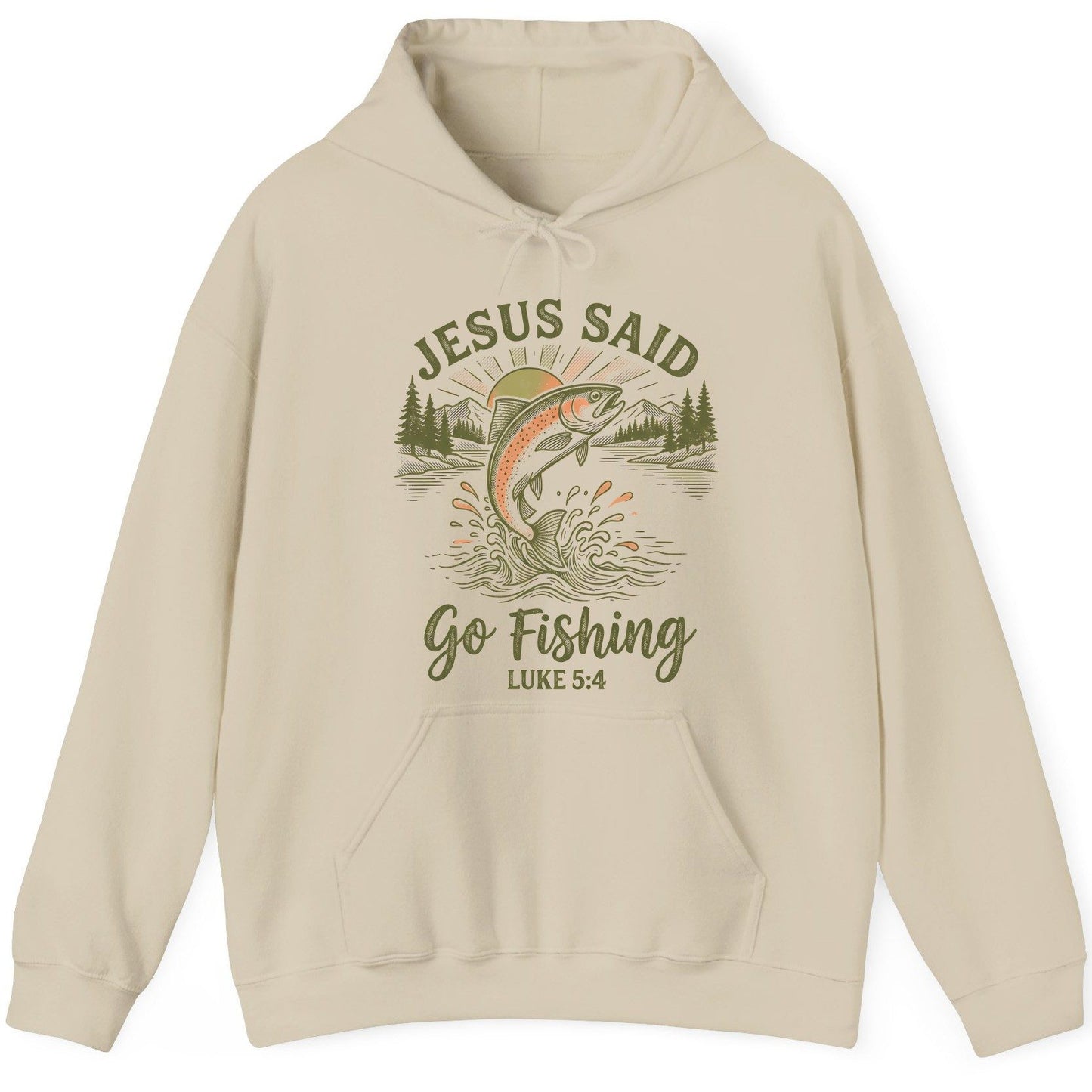 JESUS SAID Go Fishing LUKE 5 4 Vintage Christian Hoodie - product mockup - Sand