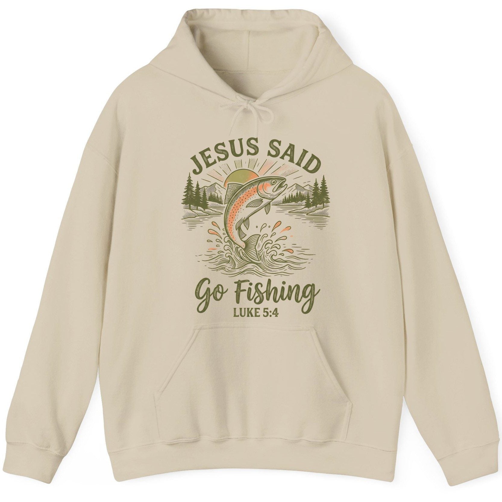 JESUS SAID Go Fishing LUKE 5 4 Vintage Christian Hoodie - product mockup - Sand