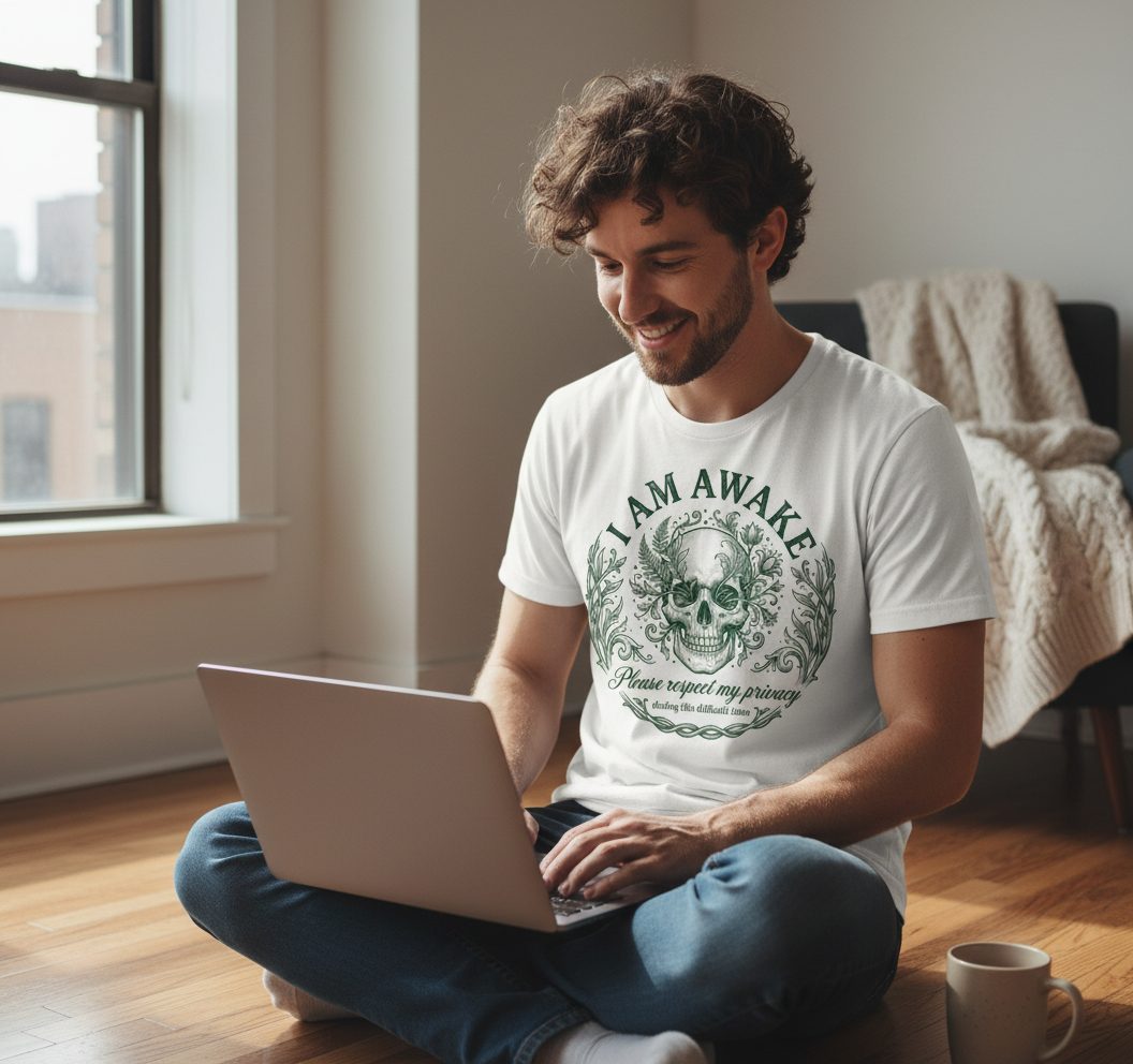 I Am Awake Please Respect My Privacy During This Difficult Time sarcastic skull T-Shirt White lifestyle mockup