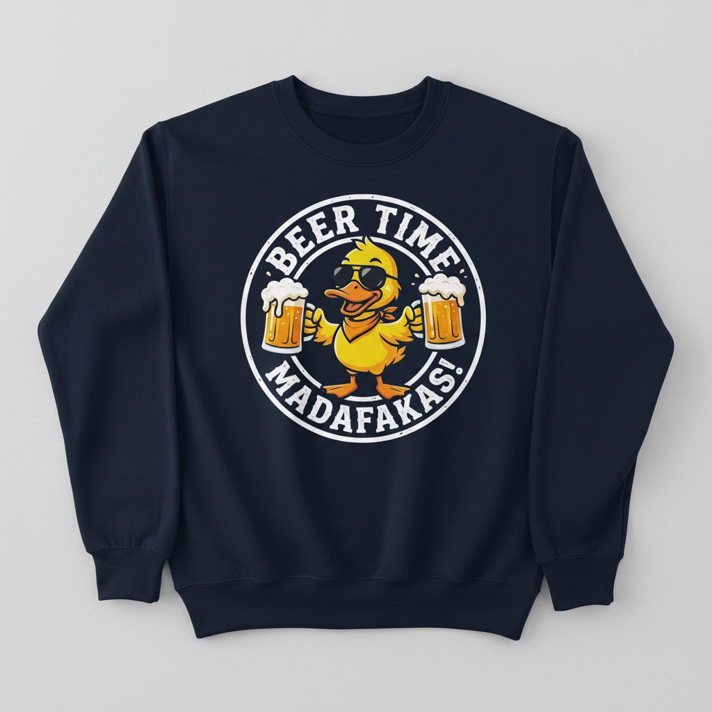 BEER TIME MADAFFAKAS! Funny Duck drinking beer Beer Time Madafakas Duck Sweatshirt - product mockup - Navy